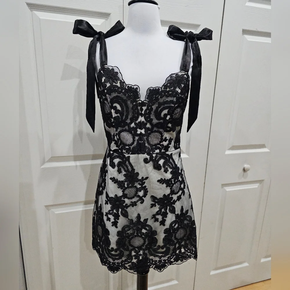 Dolls Kill Unholy Kindred Spirits Black White Lace Mini DressTiered Tulle Skirt - Picture 4 of 16